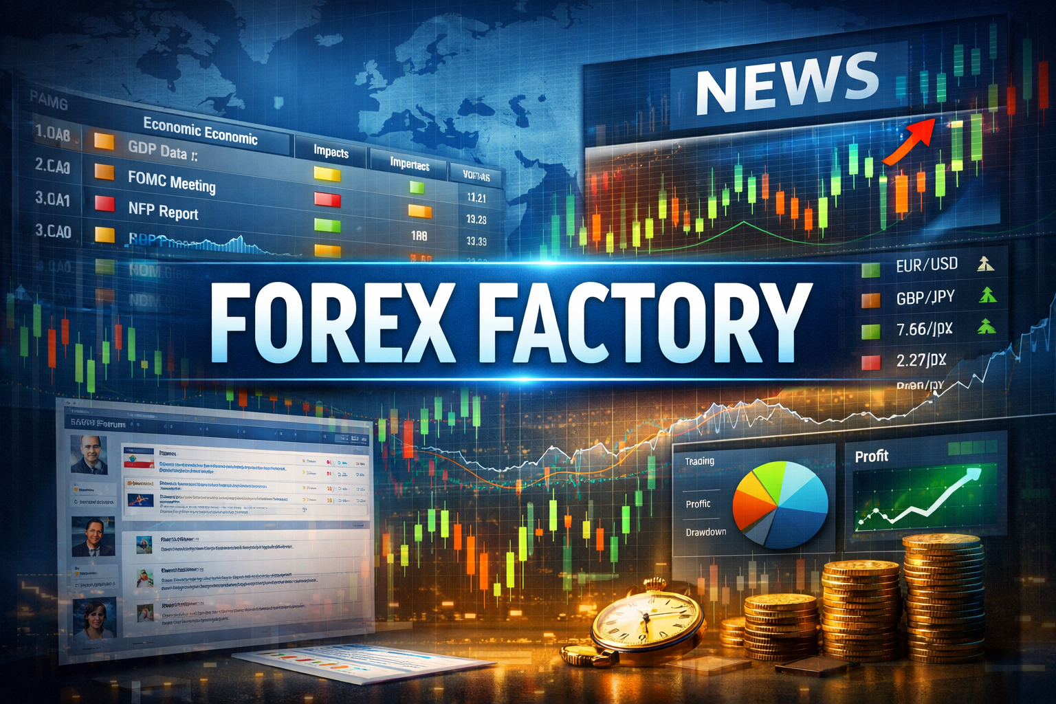 Featured image showing the Forex Factory platform with live forex charts, economic calendar events, market news, trading dashboards, and global currency analysis visuals.