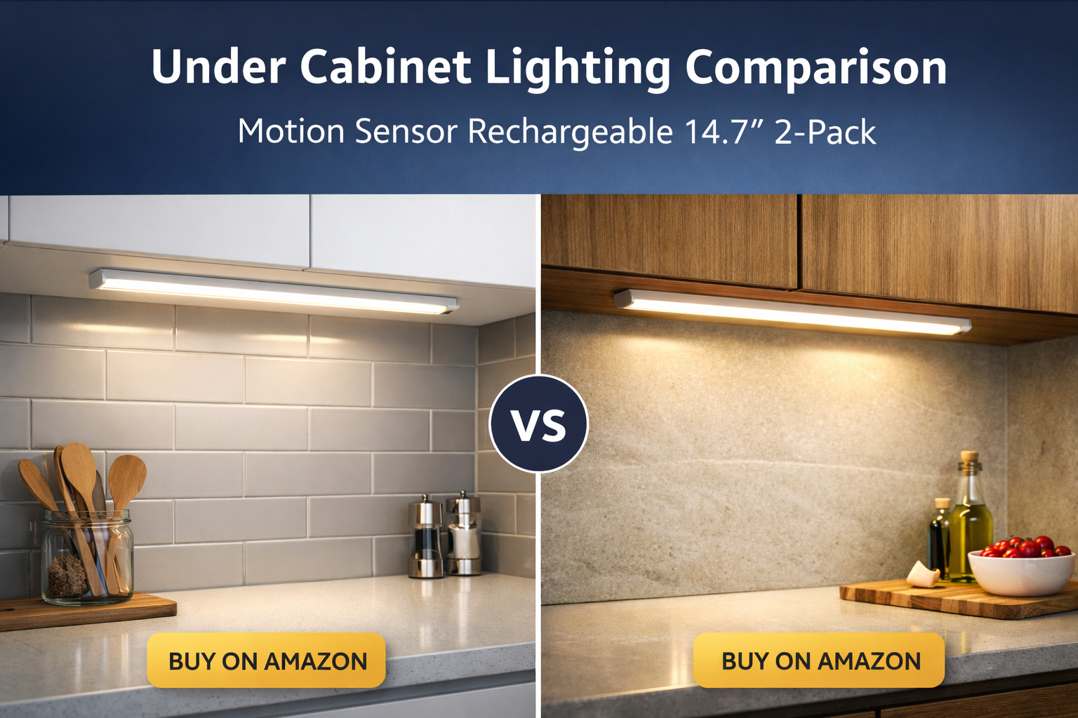 Rechargeable 14.7-inch motion sensor under cabinet lighting comparison installed in a modern kitchen.