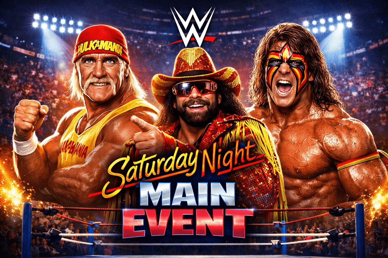 WWE Saturday Night Main Event feature image showing legendary wrestlers in a packed arena with bright lights and classic WWE branding
