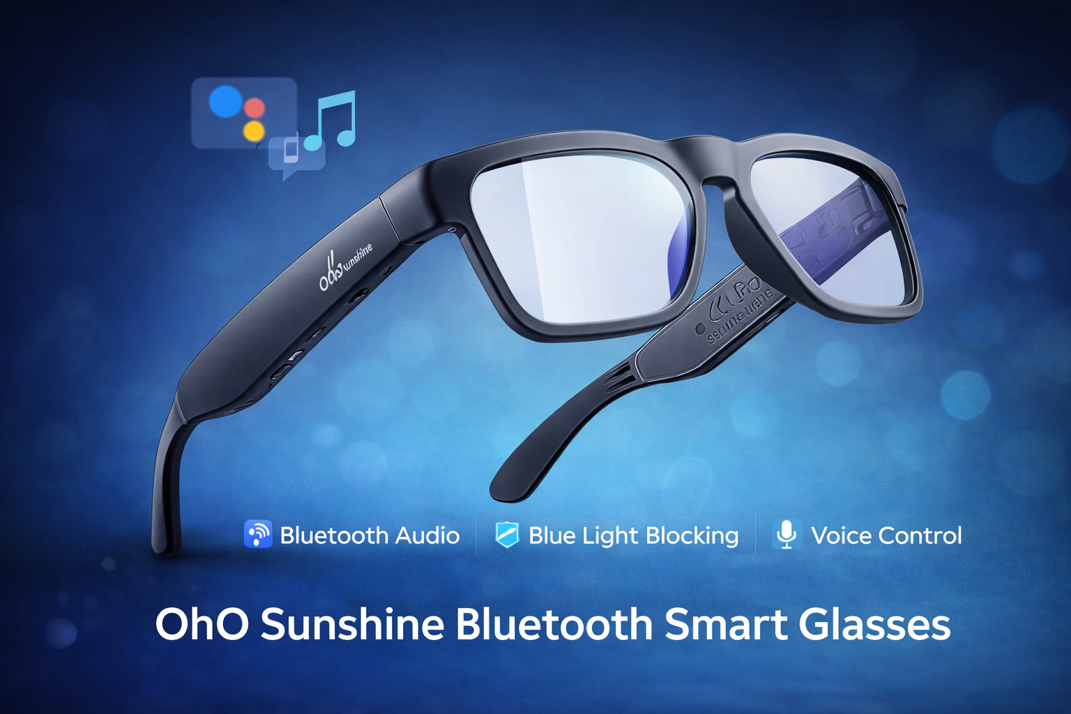 OhO Sunshine Bluetooth smart glasses featuring blue light blocking lenses, built-in Bluetooth audio, and hands-free voice control design