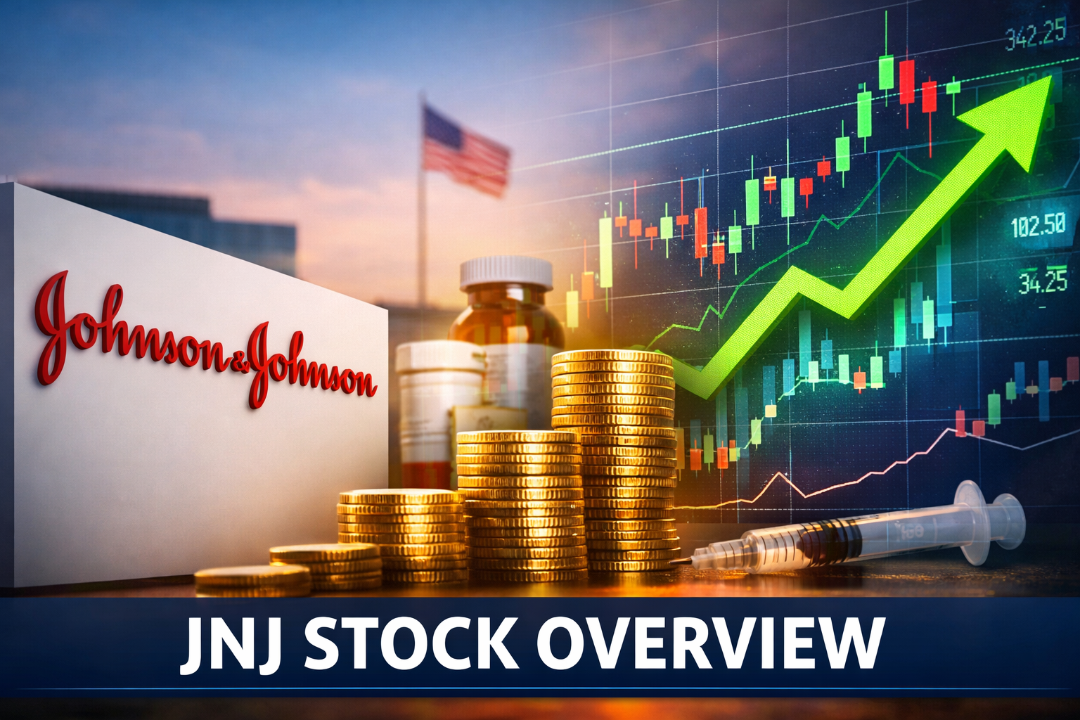 Feature image showing Johnson & Johnson logo with stacked coins, medical supplies, and an upward stock chart representing JNJ stock growth and long-term investment potential.