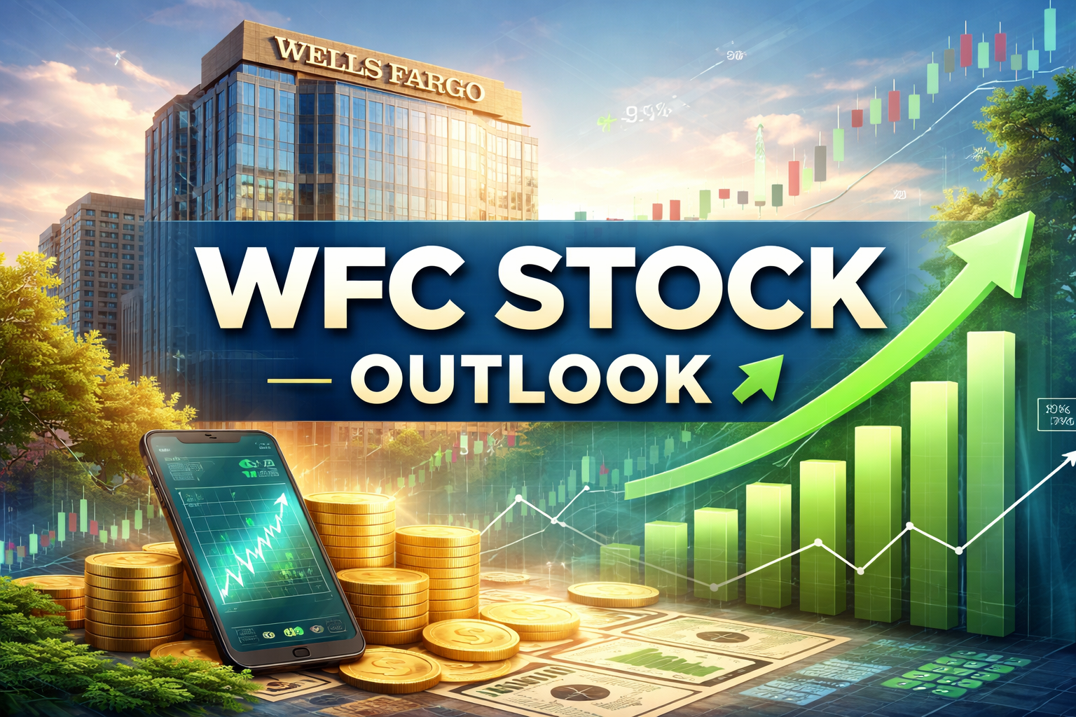 Featured image showing WFC stock outlook with Wells Fargo headquarters, upward stock charts, growth indicators, and financial symbols representing long-term investment potential in the U.S. banking sector.