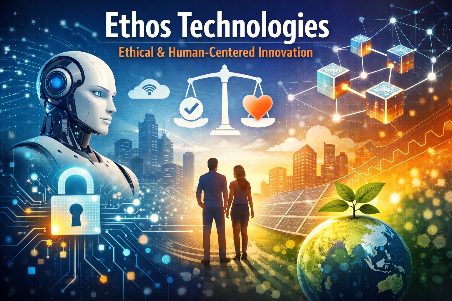 Ethos Technologies feature image showing ethical and human-centered innovation, with a humanoid AI, people, data security icons, blockchain network, sustainable energy, and digital cityscape representing responsible technology.