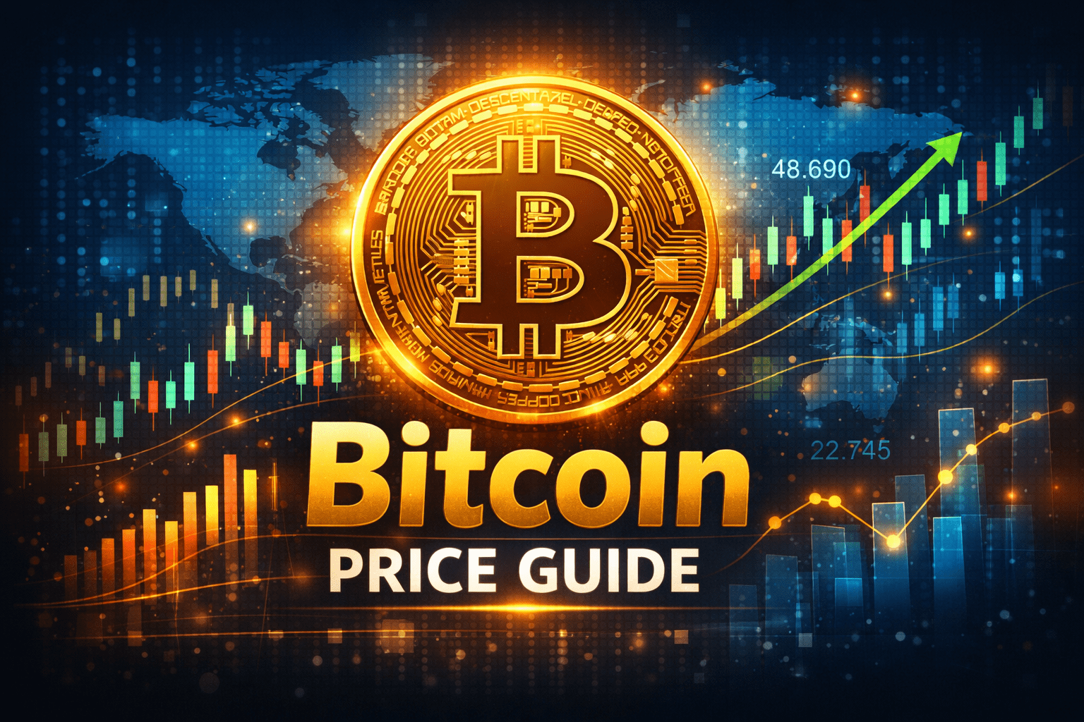 Featured image for the Bitcoin Price Guide showing a glowing 3D golden Bitcoin (₿) over a digital world map, with rising financial charts, line graphs, and bar charts, representing global cryptocurrency trends, price growth, and market analysis.