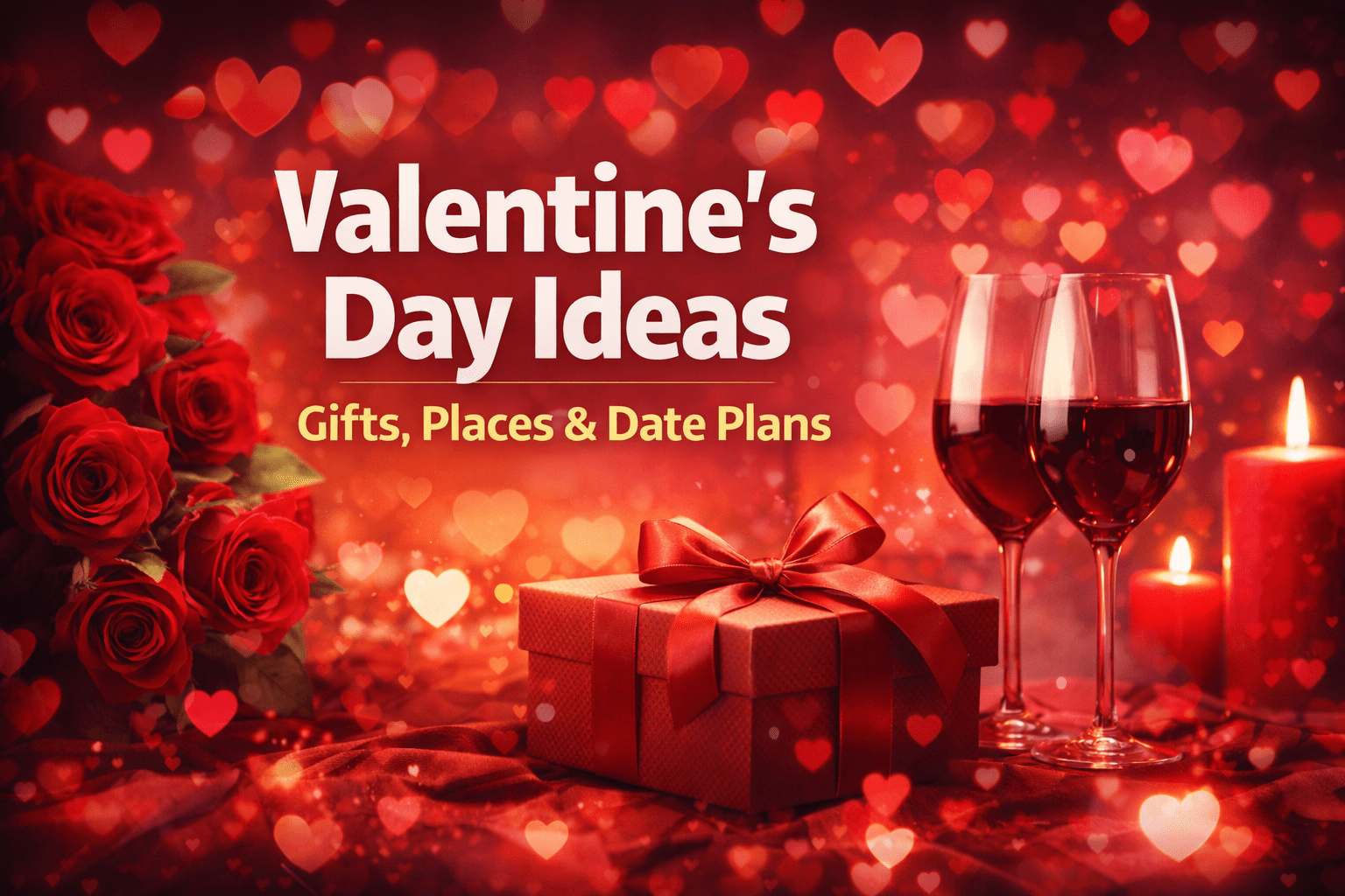 Valentine’s Day featured image showing red roses, a gift box wrapped with a ribbon, two wine glasses, and glowing candles on a romantic red background, representing Valentine’s Day gift ideas, romantic places, and perfect date plans.