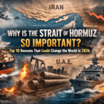 Oil tanker and naval warship in the Strait of Hormuz with explosions, pipelines, and Middle East map showing global oil crisis and geopolitical tension in 2026