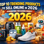 Top trending products to sell online in 2026 including smartwatch, drone, sneakers, skincare serum, and eCommerce items with global market theme