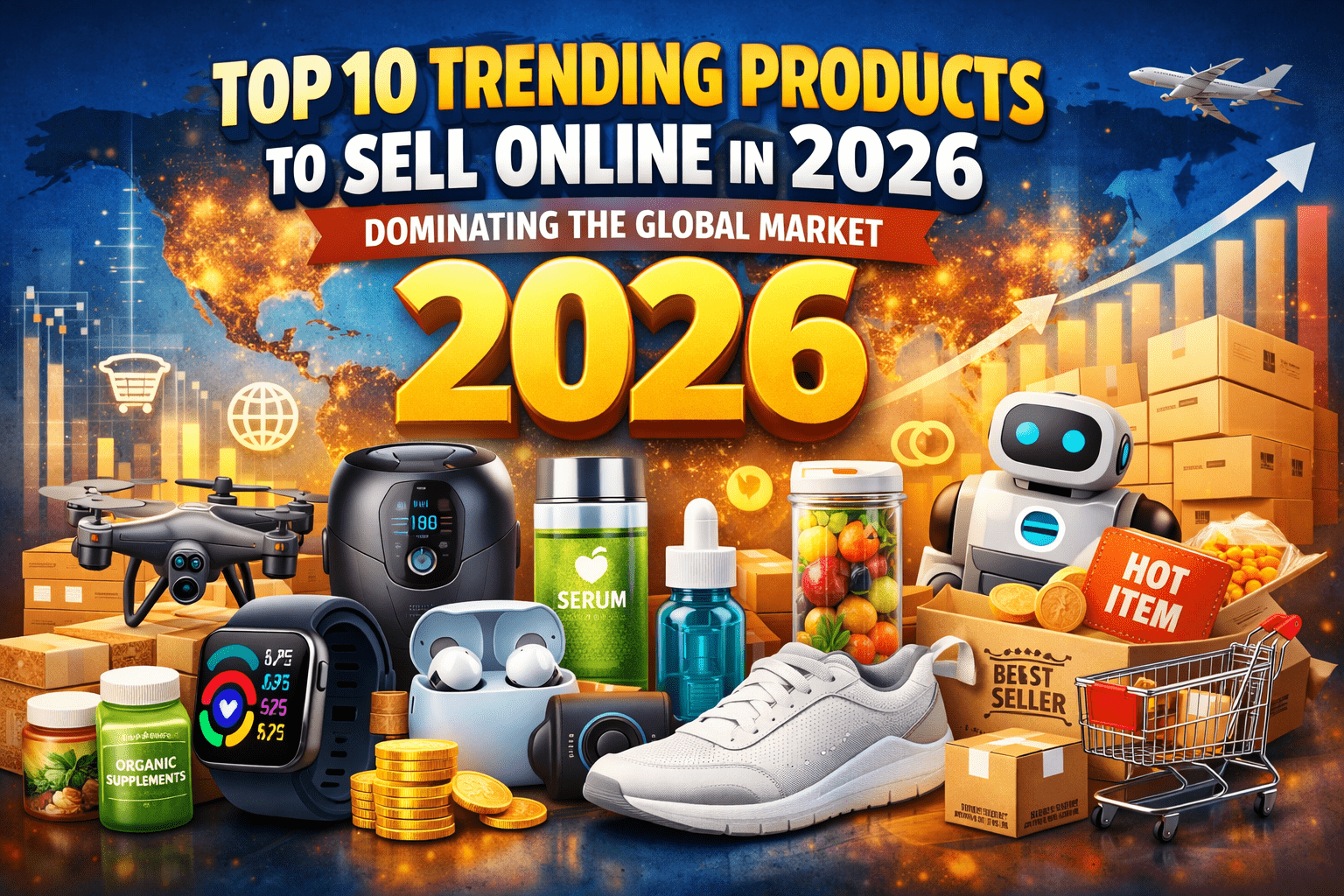 Top trending products to sell online in 2026 including smartwatch, drone, sneakers, skincare serum, and eCommerce items with global market theme