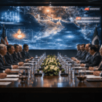 Hyper-realistic scene of US and Iran officials in tense nuclear negotiations in Islamabad with digital war maps and geopolitical elements