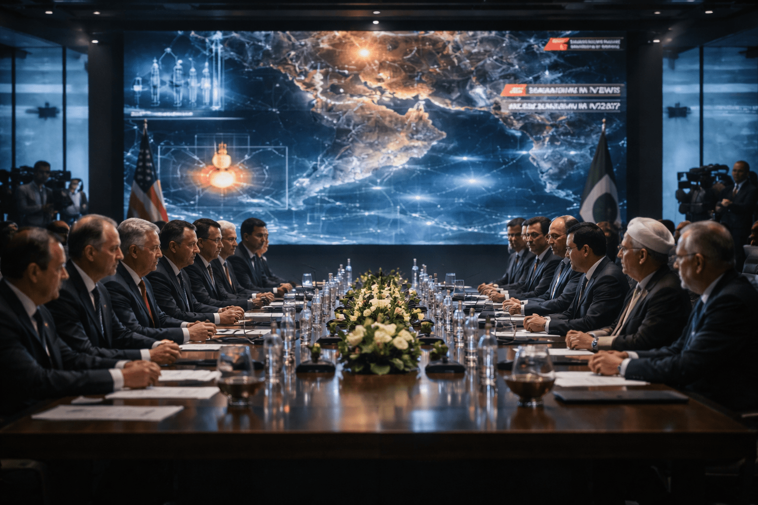 Hyper-realistic scene of US and Iran officials in tense nuclear negotiations in Islamabad with digital war maps and geopolitical elements