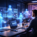 Ultra-realistic futuristic office with human professional monitoring autonomous AI agents on holographic dashboards, showcasing workflow automation and real-time data analytics in a smart workspace