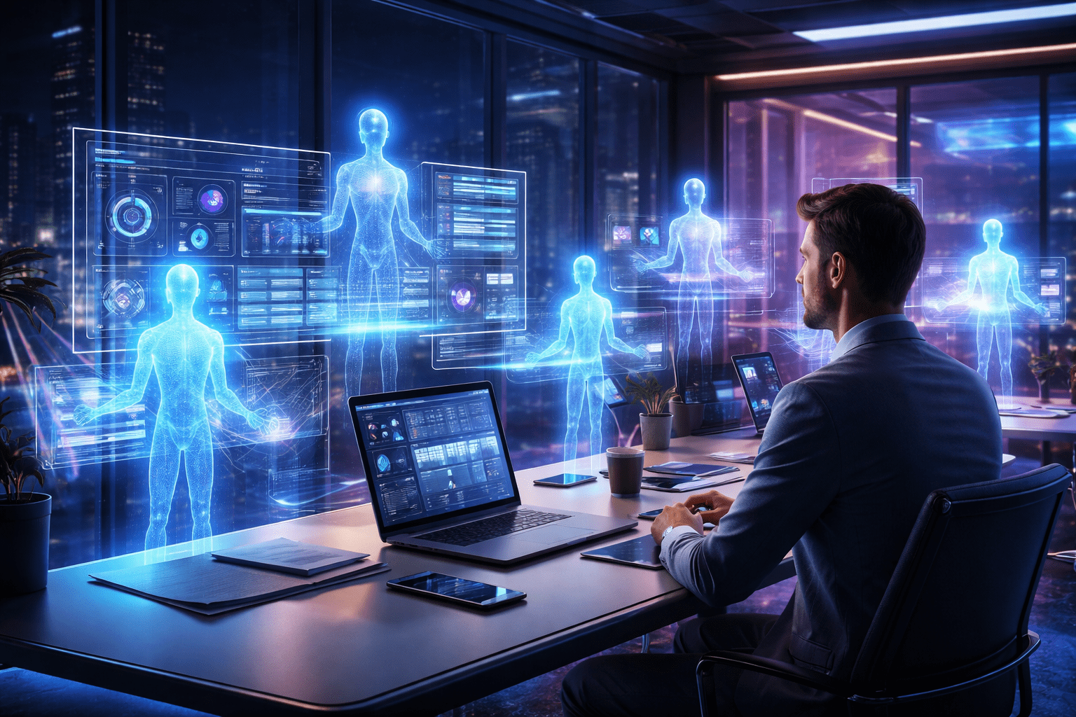 Ultra-realistic futuristic office with human professional monitoring autonomous AI agents on holographic dashboards, showcasing workflow automation and real-time data analytics in a smart workspace