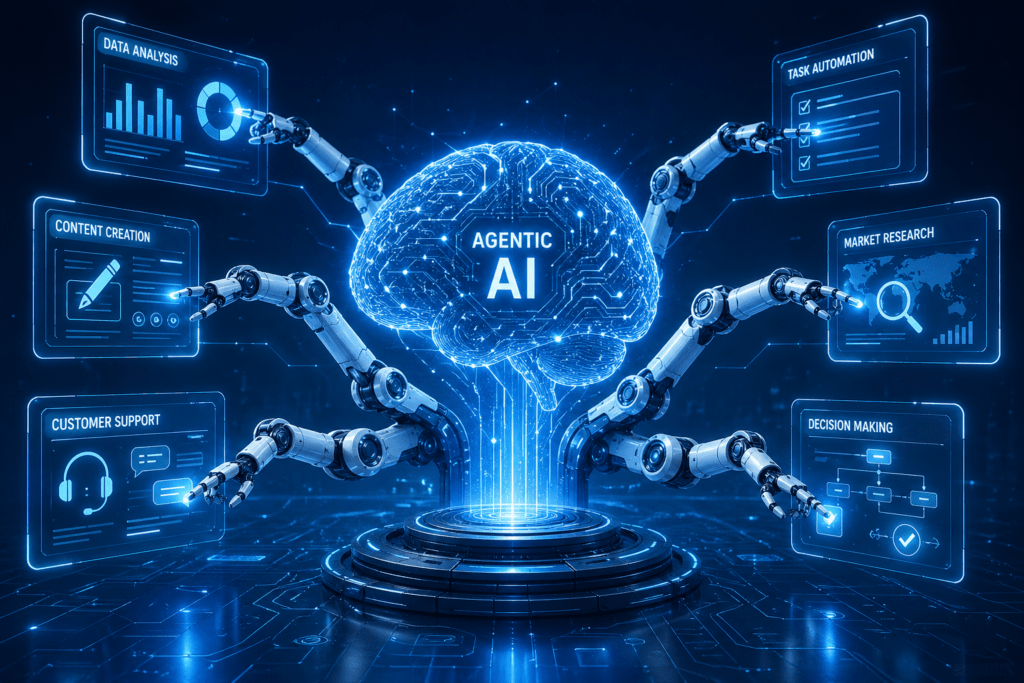 "Agentic AI system represented as autonomous digital brain completing multiple tasks independently"