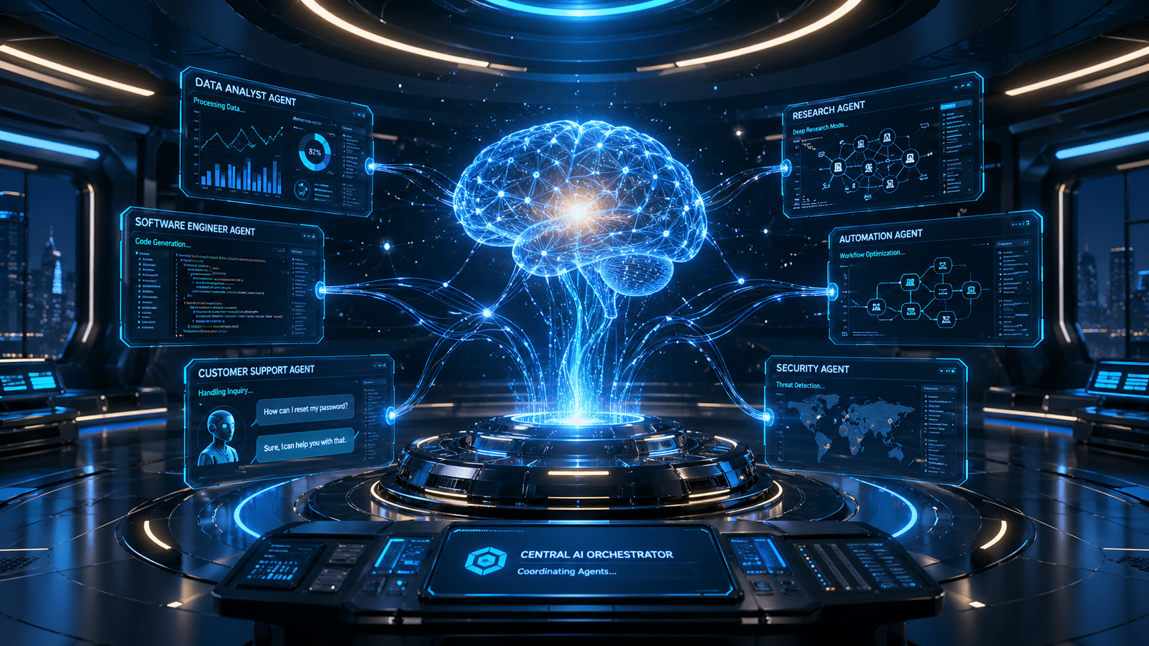 “Agentic AI system visualized as a central digital brain coordinating autonomous AI agents performing tasks like coding, analysis, and research on holographic interfaces”. www.dailyupdates360.com