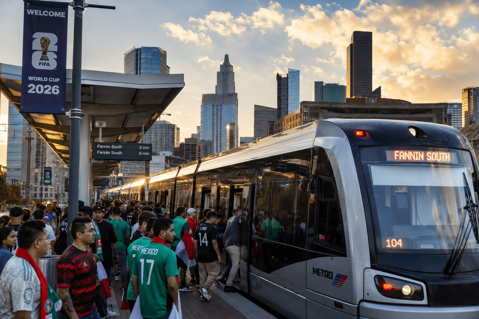 Fans boarding a light rail train at a 2026 FIFA World Cup host city stadium station