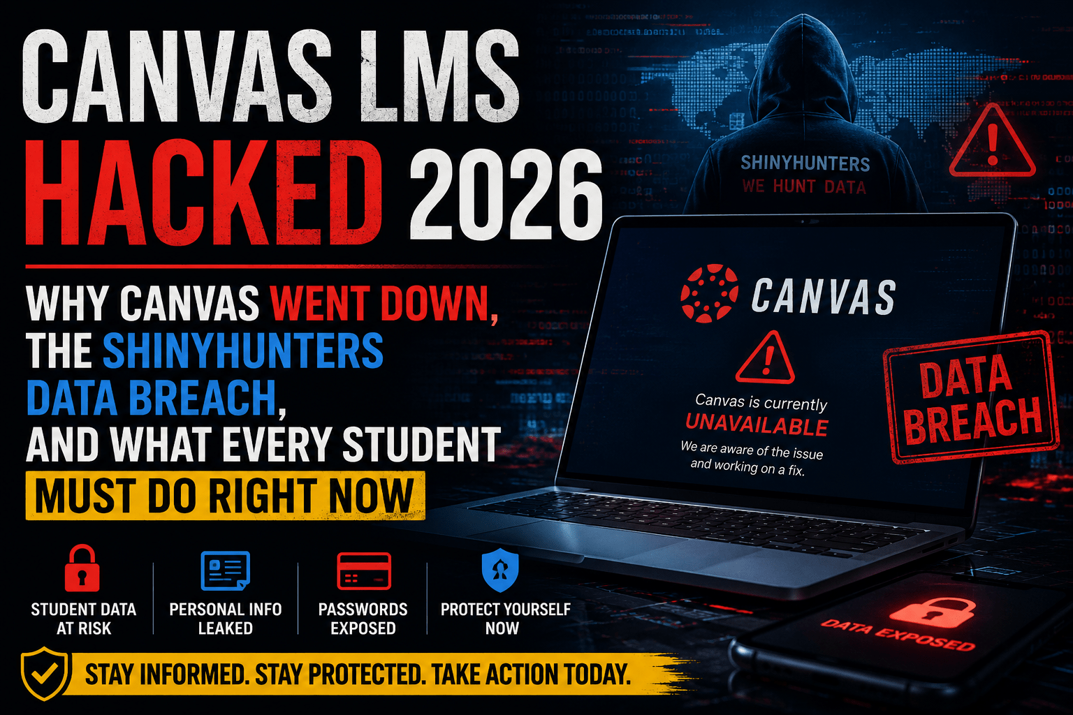 Cybersecurity-themed featured image showing a hacked Canvas LMS login screen, a hooded hacker labeled “ShinyHunters,” warning symbols, and alerts about student data exposure and passwords leaked in 2026.