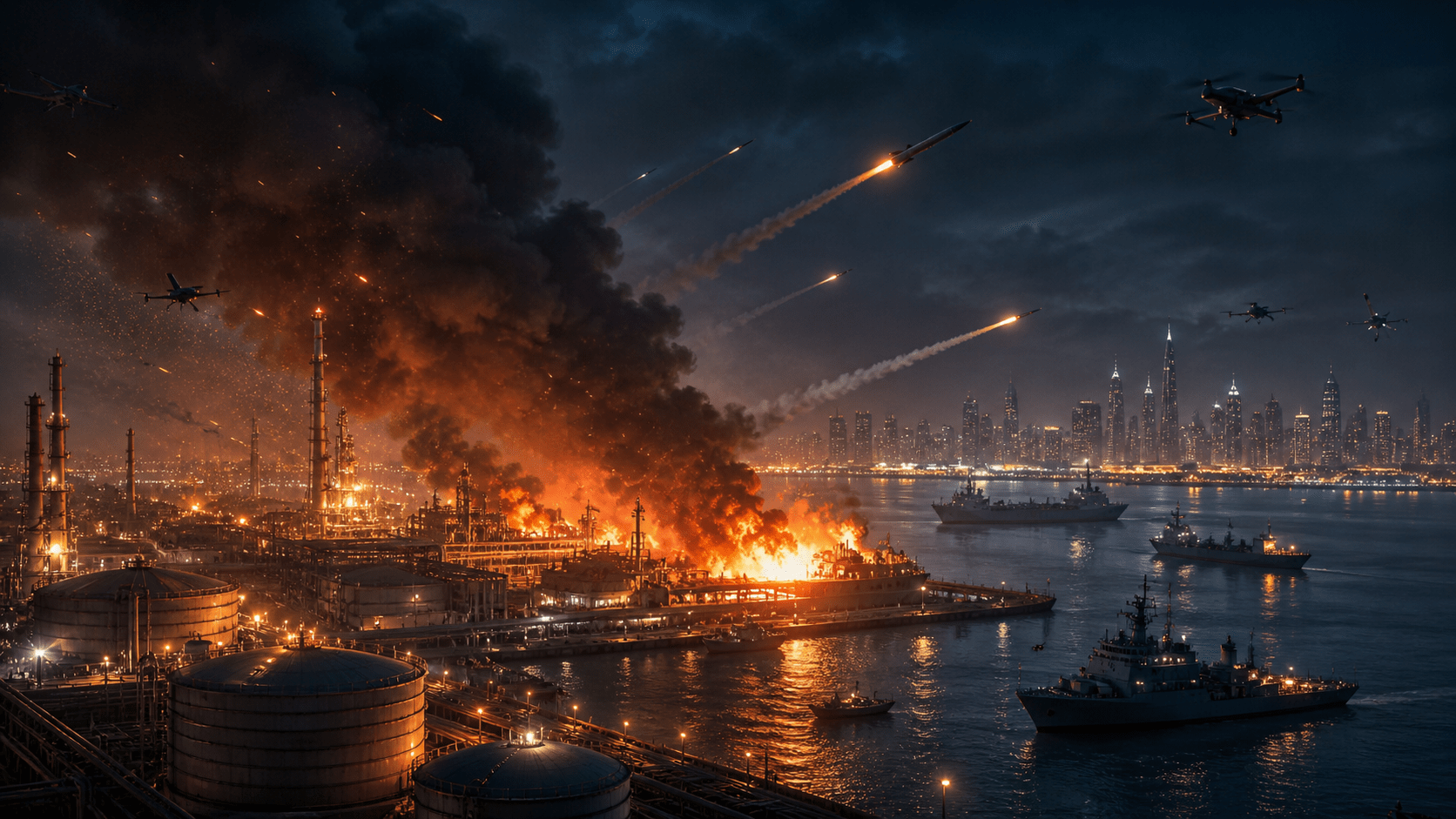 Iran missile and drone attack on UAE oil facility in Fujairah with explosions, smoke, and tension in the Strait of Hormuz